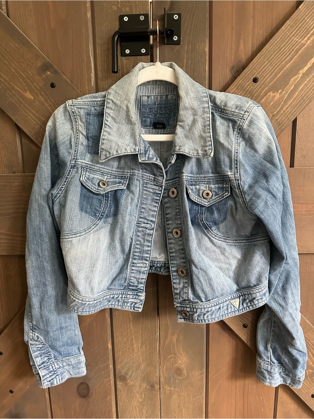 Guess Light Wash Cropped Denim Jacket - Blue